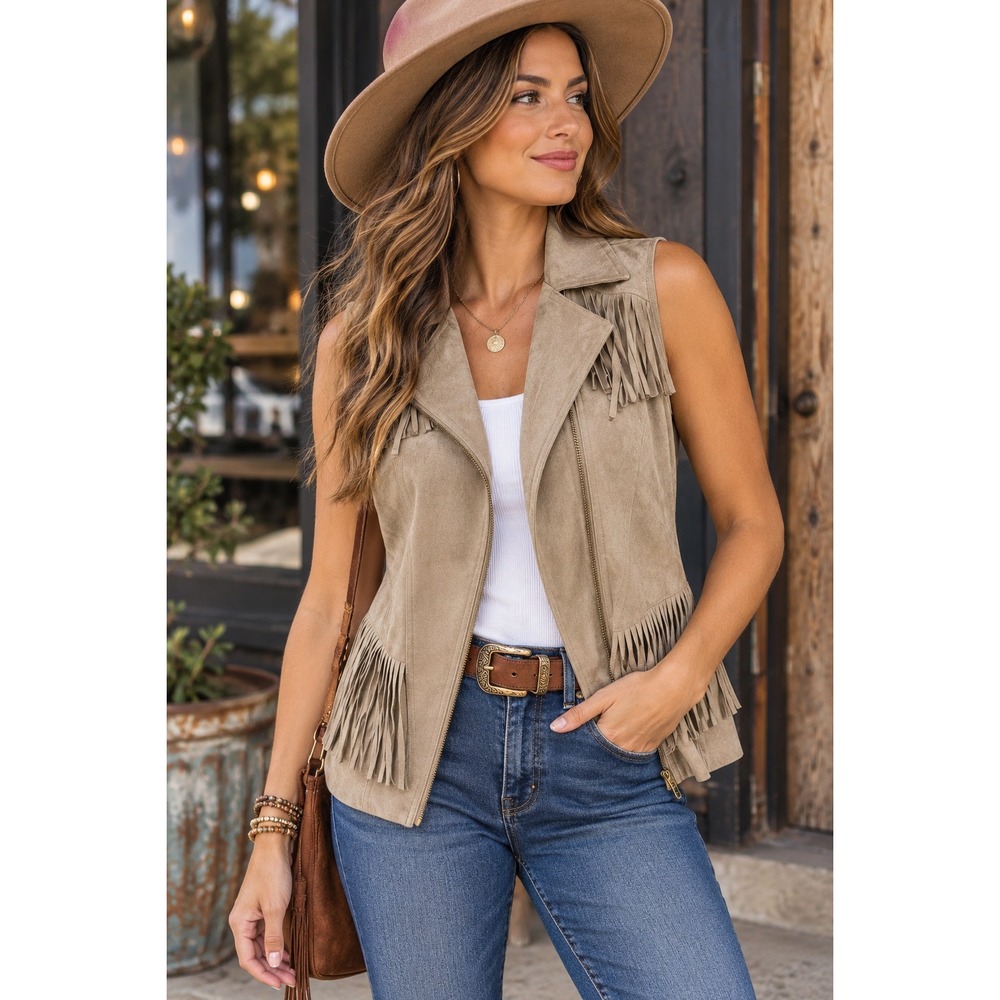 Chico's Faux Suede Fringe Vest Moto Zip Tan Size 2 Large 12 Fall Western Country